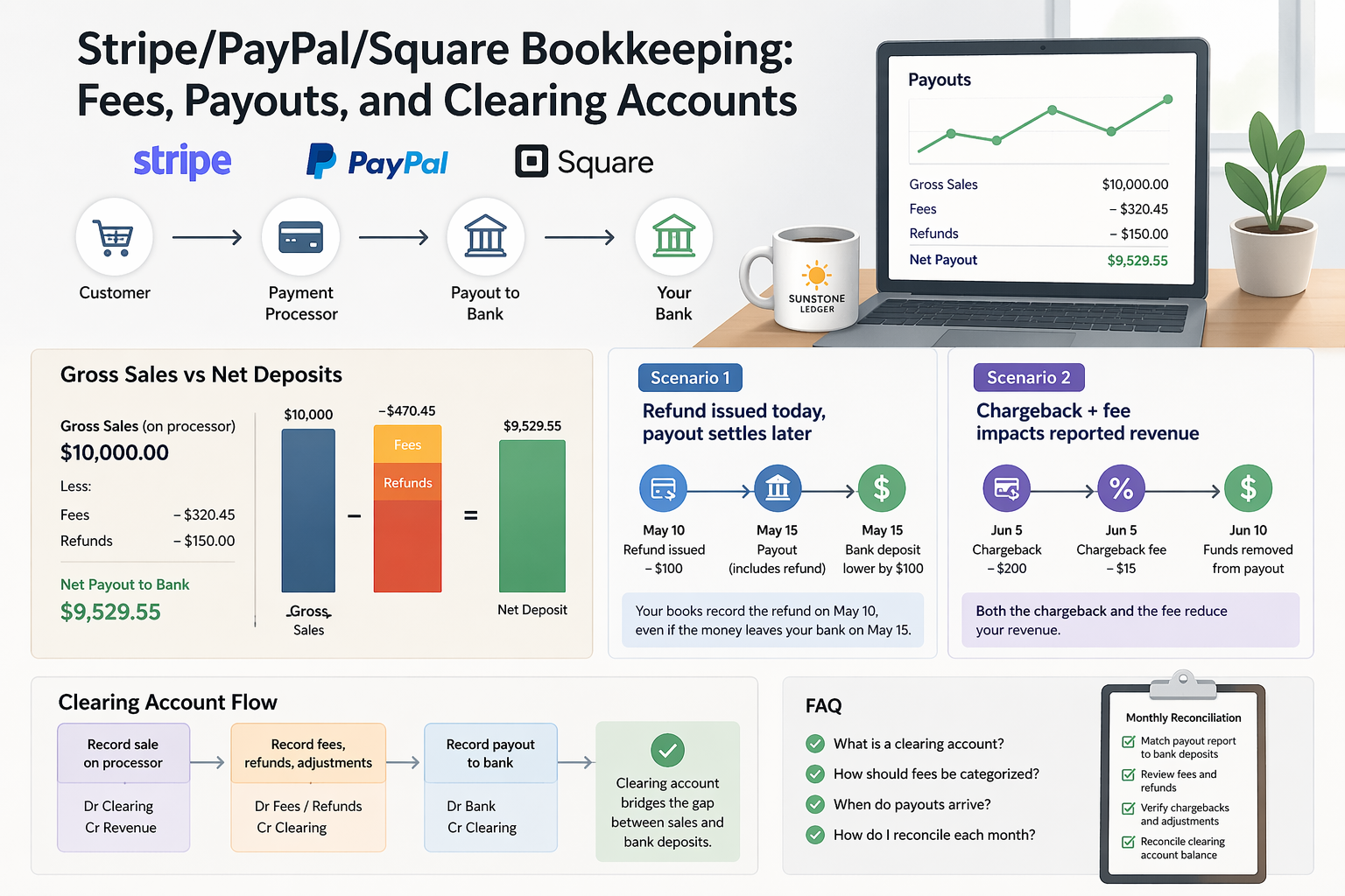 Учет Stripe PayPal Square комиссии и выплаты